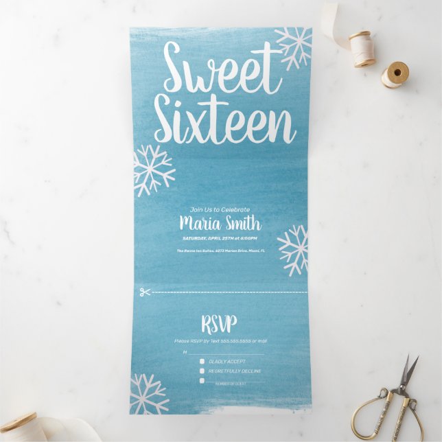 Modern Sweet 16 Scattered Snowflakes Watercolor Tri-Fold Invitation (Inside)