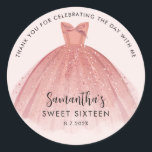 Modern Sweet 16 Script Dress Birthday Thank You Classic Round Sticker<br><div class="desc">Featuring a pretty blush pink dress with modern script,  this birthday thank you sticker is perfect for saying thanks to friends and family who celebrated the day with you. Easily replace the party details by clicking the "Personalize" button.</div>