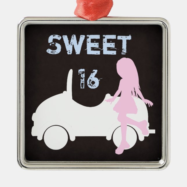 Modern Sweet 16 Silhouette Girl and Car Christmas Metal Ornament (Front)