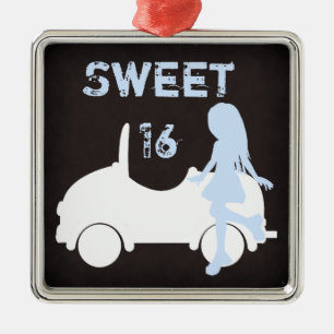 Modern Sweet 16 Silhouette Girl and Car Metal Ornament
