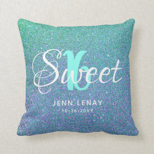 Modern Sweet 16 Teal Aqua Glitter Personalized Throw Pillow