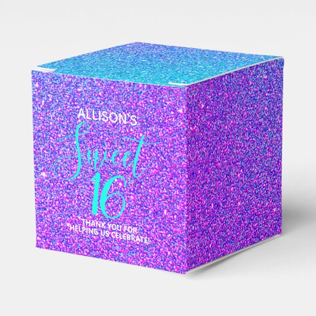 Modern Sweet 16 Teal Purple Glitter Name Party  Favor Box (Front Side)