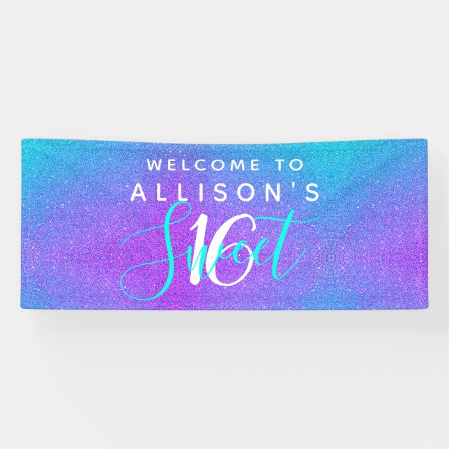Modern Sweet 16 Teal Purple Glitter Personalized  Banner (Horizontal)