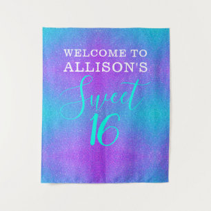 Modern Sweet 16 Teal Purple Glitter Personalized Tapestry