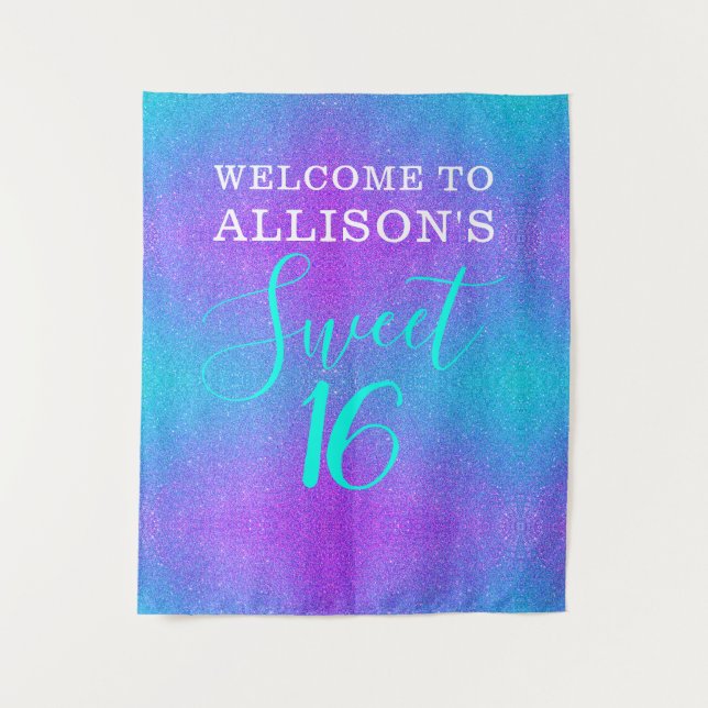 Modern Sweet 16 Teal Purple Glitter Personalized Tapestry (Front)