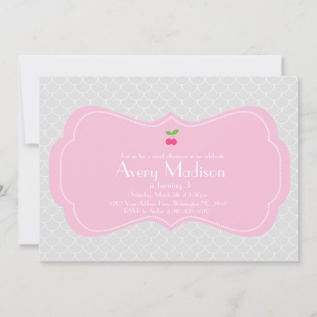 Modern & Sweet Cherry Invitation - Pink and grey (Front)
