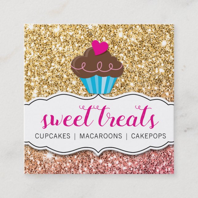 MODERN SWEET cute cupcake bakery pink gold glitter Square Business Card (Front)