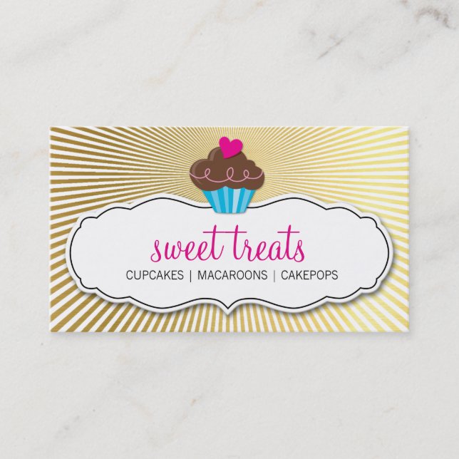 MODERN SWEET cute cupcake pink gold retro sunburst Business Card (Front)