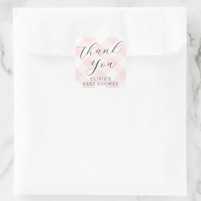 Modern + Sweet Light Pink Gingham Baby Shower Square Sticker (Bag)