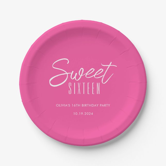 Modern Sweet Sixteen hot pink girls 16th birthday Paper Plate (Front)