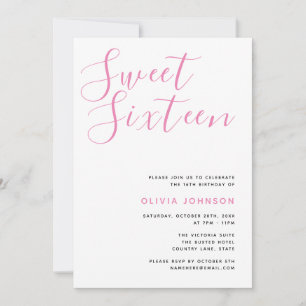 Modern Sweet Sixteen Pink & White Birthday Invitation
