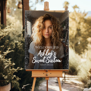 Modern sweet sixteen welcome sign with photo
