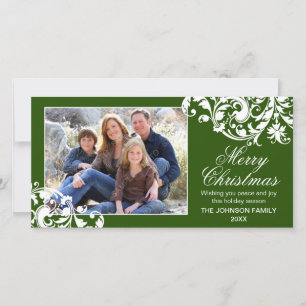 Modern Swirl Flourish Christmas Green and White Holiday Card