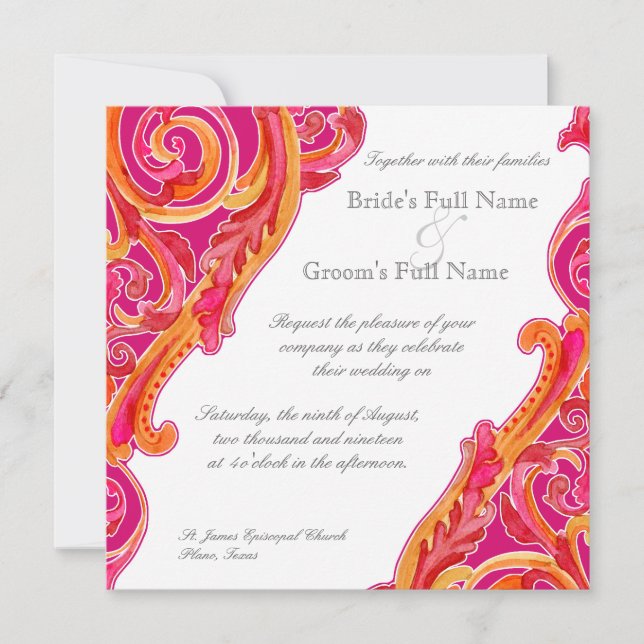 Modern Swirl Flourish Heart Tangerine Hot Pink Invitation (Front)