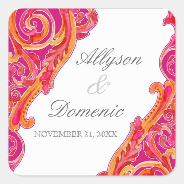 Modern Swirl Flourish Heart Tangerine Hot Pink Square Sticker (Front)