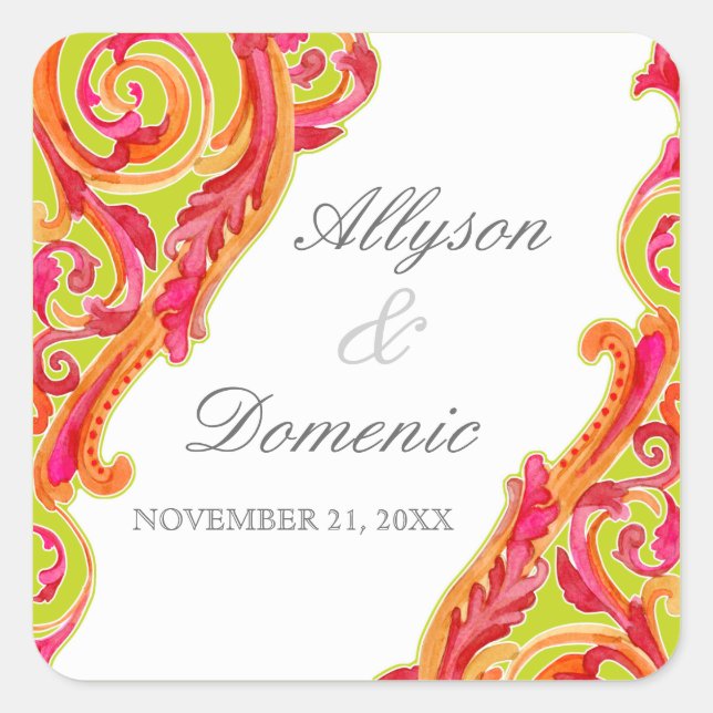 Modern Swirl Flourish Heart Tangerine Lime Green Square Sticker (Front)