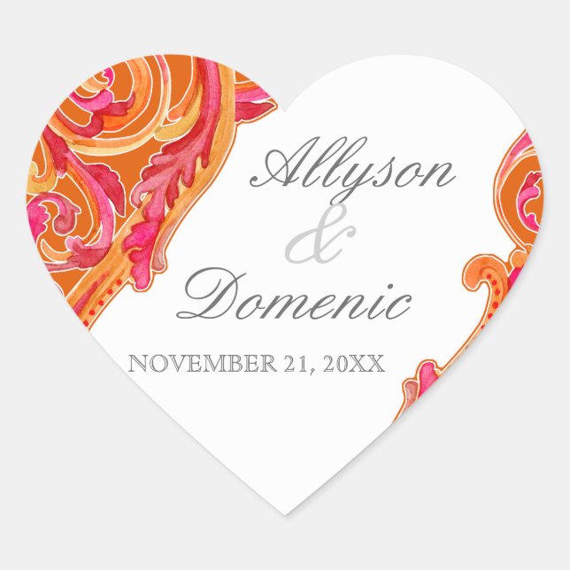Modern Swirl Flourish Heart Tangerine Orange Sticker (Front)