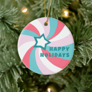 Modern Swirl HAPPY HOLIDAYS CUSTOM Green Pink Ceramic Ornament