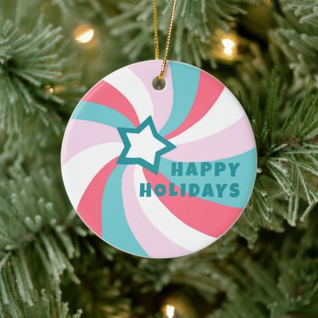 Modern Swirl HAPPY HOLIDAYS CUSTOM Green Pink Ceramic Ornament (Tree)