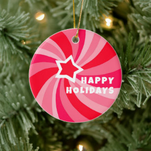 Modern Swirl HAPPY HOLIDAYS CUSTOM Pink Red Ceramic Ornament