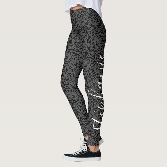 Modern swirl Pattern with Script Name black Leggings (Left)