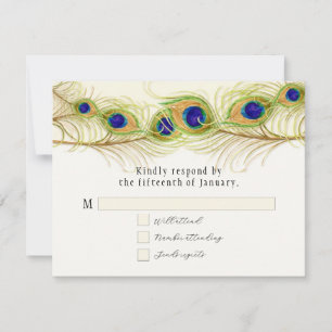 Modern Swirl Peacock Feathers Monogram Monogrammed RSVP Card