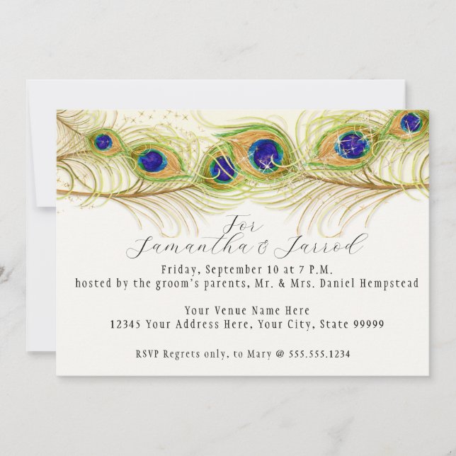 Modern Swirl Peacock Feathers Rehearsal Dinner Invitation (Front)