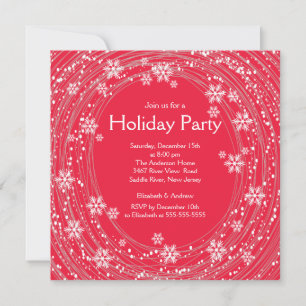 Modern Swirl Snowflakes Holiday Party Red Invitation