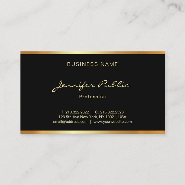 Modern Sytlish Black And Gold Hand Script Font Business Card (Front)