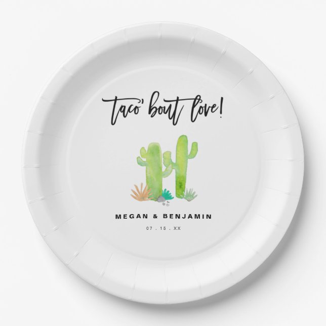 Modern Taco Bout Love Watercolor Cactus Wedding  Paper Plate (Front)