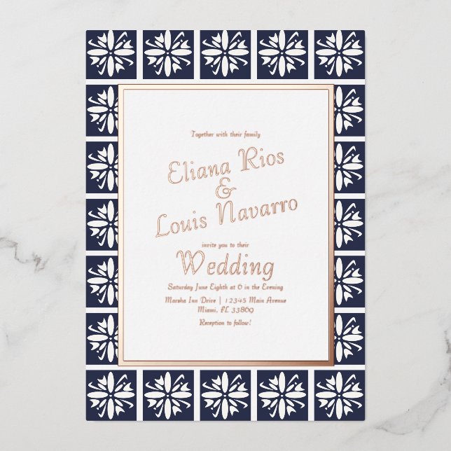 Modern Talavera Navy Blue Wedding Pressed    (Front)