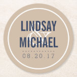 Modern Tan and Navy Wedding Round Paper Coaster<br><div class="desc">Personalized wedding paper coasters in summery nautical shades of sandy tan, navy blue and crisp white are a perfect accompaniment to your wedding cocktail hour or reception. Simple and modern design features your names and wedding date in bold navy blue lettering with a decorative white ampersand and circular border. Coordinates...</div>