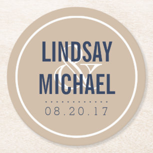 Modern Tan and Navy Wedding Round Paper Coaster