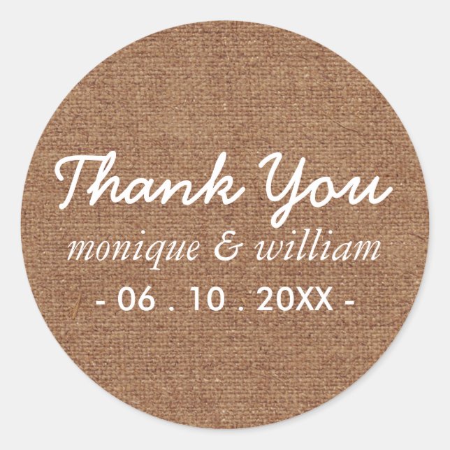 Modern Tan Faux Burlap Cursive Thank You Wedding Classic Round Sticker (Front)