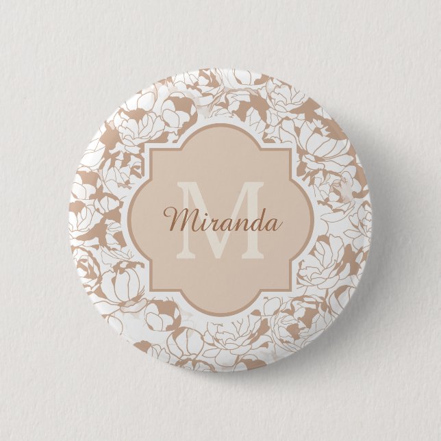 Modern Tan Floral Girly Monogram With Name 2 Inch Round Button (Front)