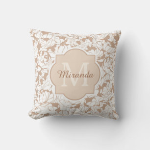 Modern Tan Floral Girly Monogram With Name Throw Pillow