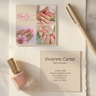 Modern Tan Fuchsia Pink Script 3 Photo Nail Salon Square Business Card
