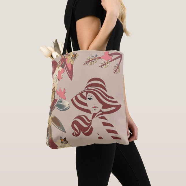 Modern Tan - Marsala-wine tone stripes Tote Bag (Close Up)