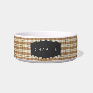 Modern Tan Plaid Personalized Pet Bowl