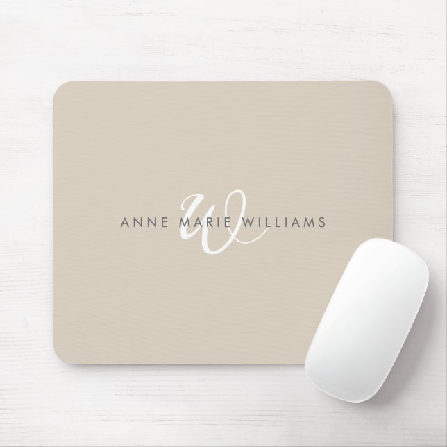 Modern Tan White Script Monogram  Mouse Pad (With Mouse)