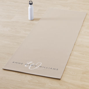 Modern Tan White Script Monogram Yoga Mat