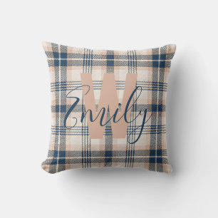 Modern Tartan Blue Cream Monogram Throw Pillow
