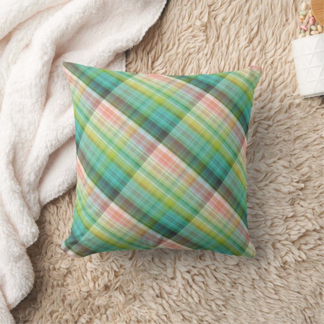Modern Tartan Green Tan Plaid Throw Pillow (Blanket)
