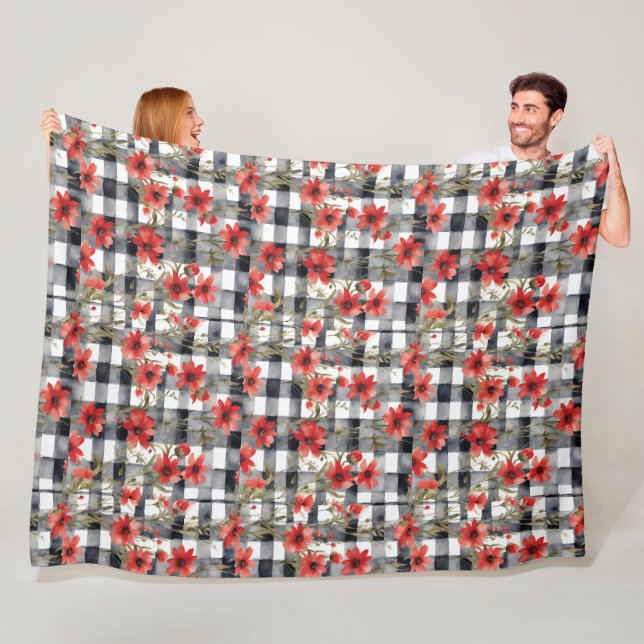 Modern Tartan Grey Floral Pattern   Fleece Blanket (In Situ)