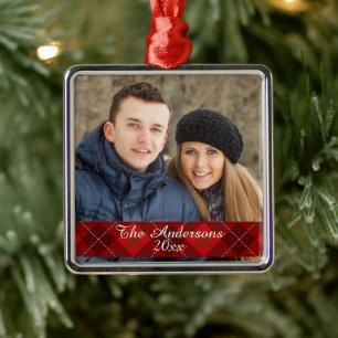 Modern Tartan Plaid Custom Photo Silver Metal Ornament