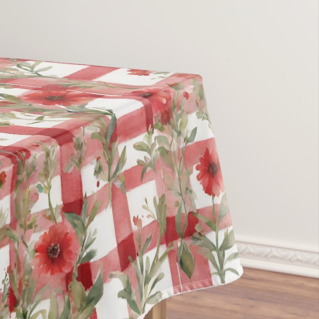 Modern Tartan Red Floral Pattern   Tablecloth (In Situ)