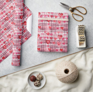 Modern Tartan Red Heart Pattern   Wrapping Paper