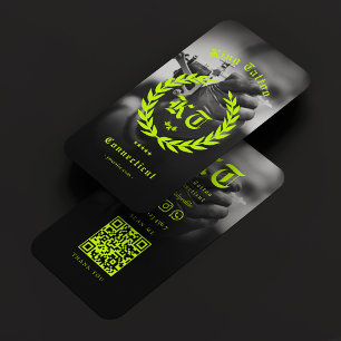 Modern Tattoo Artist BW Photo Lime Green Wreath  Business Card