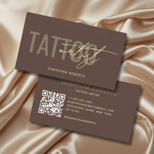 Modern tattoo artist tattooist QR Code brown Business Card