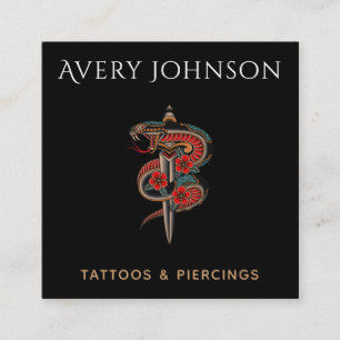 Modern Tattoo & Piercing Floral Snake & Knight  Square Business Card